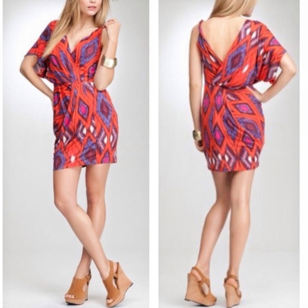 BEBE Size S Orange Patterned Kimono Sleeve Club Dress
